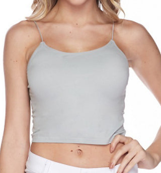 Light blue cropped tank top with thin spaghetti straps and scoop neckline