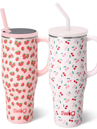 Swig 40oz insulated tumbler with strawberry pattern, pink straw and lid