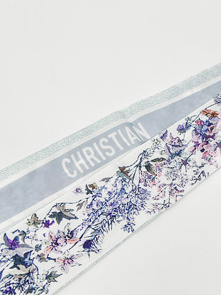 Handbag scarf with Christian lettering and blue-purple floral border