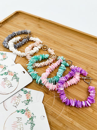 Multi-color beaded bracelet set with hoop clasps: gray, white, peach, pink, purple, mint