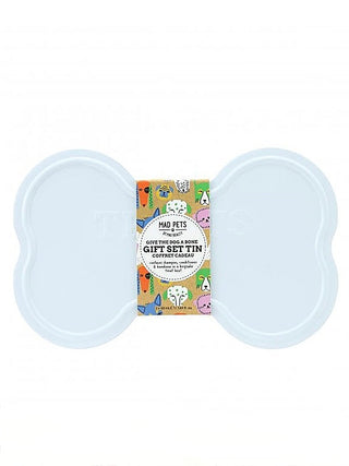 Light blue bone-shaped pet container set, open with patterned insert inside