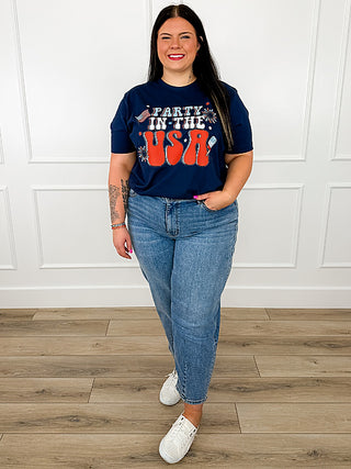 Blue cotton short-sleeve graphic tee with red, white, and blue 'Party in the USA' print