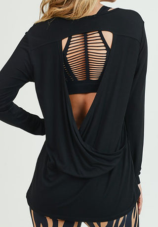 Black long-sleeve top with open back lattice cutout and draped cowl