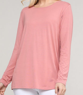 Blush pink long-sleeve rayon blend top with rounded neckline and straight hem