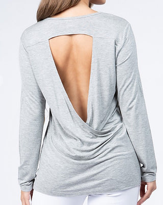 Heather grey long-sleeve top with open back draped cutout