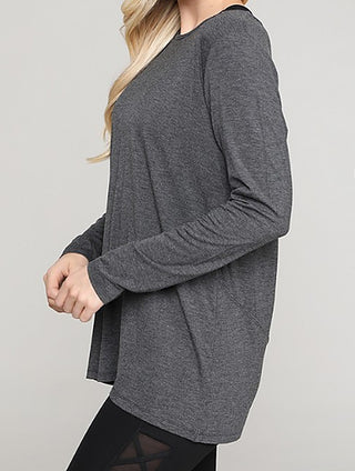 Charcoal grey long-sleeve rayon blend top with rounded neckline and relaxed fit