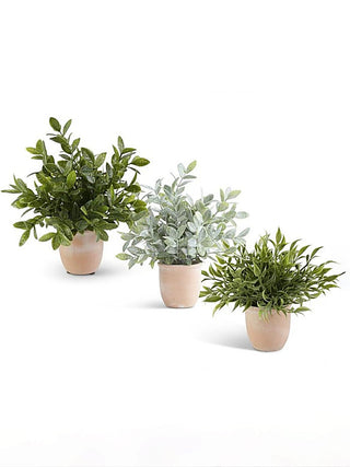 Faux potted plant decor set of three in small terracotta pots with green and silver leaves
