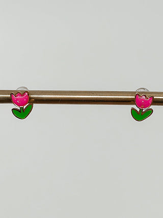 Gold stud earrings with pink heart petal design and green leaf accents