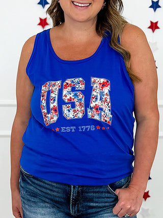 Blue sleeveless crewneck cotton tank top with USA and EST 1776 patriotic graphic
