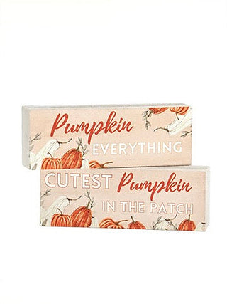 Wood decor set with stacked blocks reading “Pumpkin EVERYTHING” and “cutest pumpkin in the patch”
