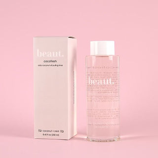 beaut. cocofresh body cleansing oil box and bottle, clear liquid, white cap