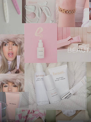Beaut skincare set with bottles and facial mask jars, labeled "beaut."