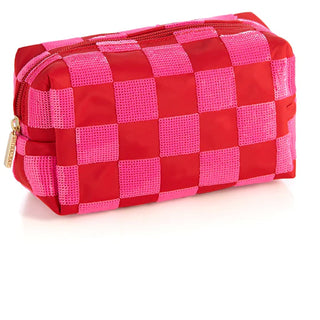Pink sequin checkered cosmetic pouch with zip top and gold zipper pull