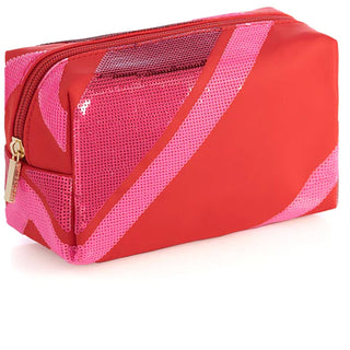 Pink sequin striped cosmetic pouch with zip top and gold zipper pull