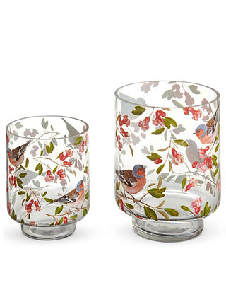 Glass canister set with painted bird and floral design, clear cylindrical canisters