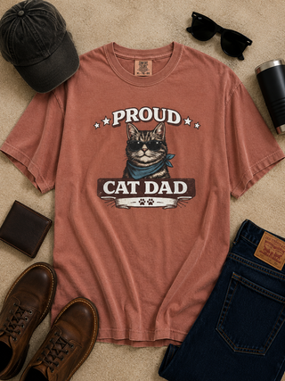 Proud Cat Dad Cotton Short Sleeve Rust Avery Mae Graphic Tee Shirt (Comfort Colors)