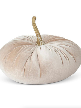 Oat puffy pumpkin velvet plush decor with gathered top, stitched ridges, and tan stem