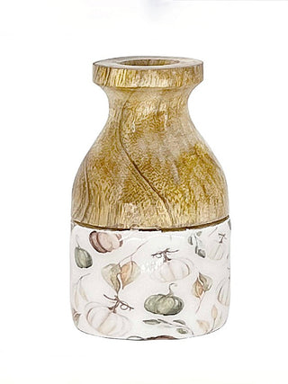 Wood vase with gold top and cream illustration pattern