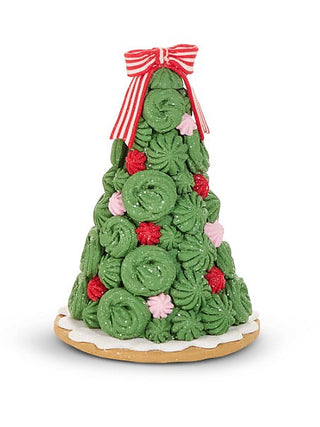 Green magic clay Christmas tree decor with red bow, red and pink accents, on round base