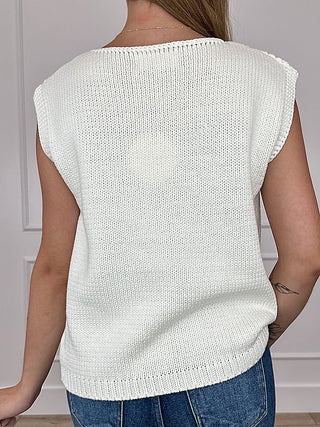 Ivory knit short-sleeve sweater top, back view with ribbed hem and neckline