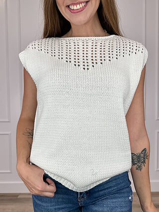 Ivory knit short-sleeve sweater top, wide neckline and ribbed hem