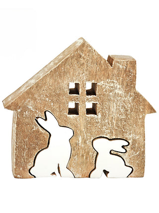Wood rabbit house shelf sitter with two white rabbit figures
