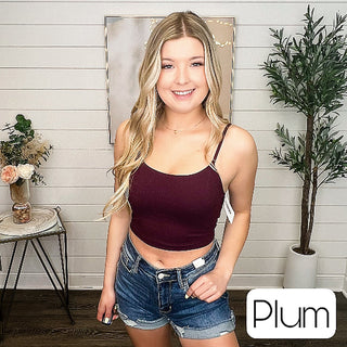 Plum padded cropped tank top with slim spaghetti straps and scoop neckline