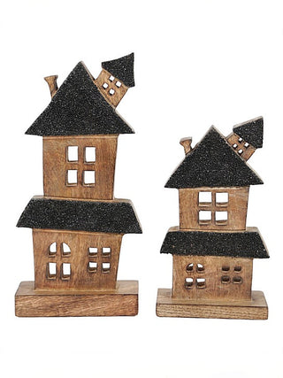 Wood house decor set with two stacked figures, dark roofs, and small window cutouts
