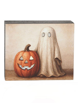 Halloween light-up decor: ghost and jack-o'-lantern in a black-framed sign