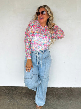 Sheer mesh long sleeve floral top, pink multi-color with crew neckline