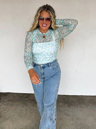 Sheer mesh long sleeve floral top, light teal with crew neckline