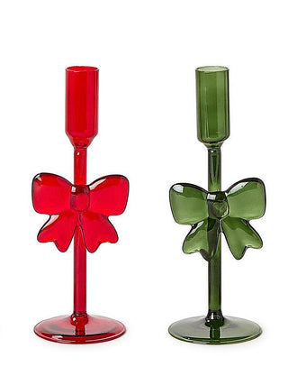 Pair of ribbon bow glass candleholders, red and green, with pedestal bases