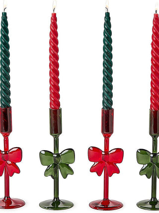 Ribbon bow glass candleholder set with twisted stems, red and green holders