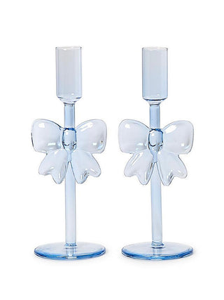 Blue glass candleholder set of 2 with flower-shaped arms and ribbed stems
