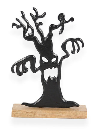 Black metal spooky hand tree decoration with curled hands on wooden base