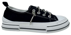 Black corduroy lace-up sneakers with thick white platform sole and side zipper pull