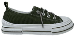 Olive corduroy lace-up sneakers with thick white platform sole and side zipper pull