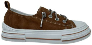 Tan brown corduroy lace-up sneakers with thick white platform sole and side zipper pull