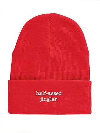 Red knit beanie with ribbed cuff and 'half-assed jingler' embroidery