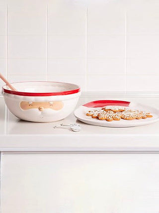 Santa ceramic bowl and plate set, red rims with face decals and cookies