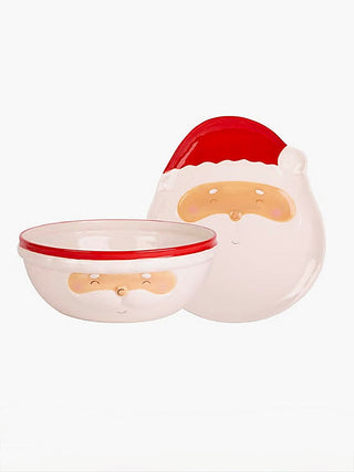 Santa face ceramic bowl set, pink body with red rim and peach mustache details