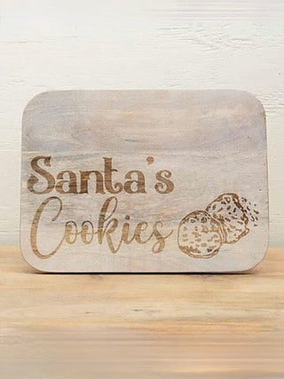 Wood serving board, rounded corners, engraved 'Santa's Cookies' and cookie graphic