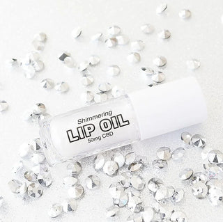 Shimmering CBD lip oil bottle with white label text, with scattered silver glitter.