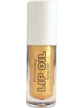 Shimmering CBD lip oil in a gold shade bottle with white cap, 50mg CBD.