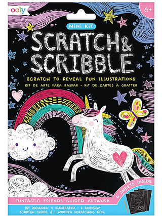 Scratch & Scribble Mini Kit package with unicorn outline and stars, kids activity set