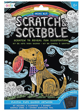 Scratch & Scribble Mini Kit package with puppy illustration and swirl patterns, kids set