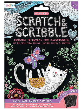 Scratch & Scribble Mini Kit package with cat illustration and hearts, guided artwork
