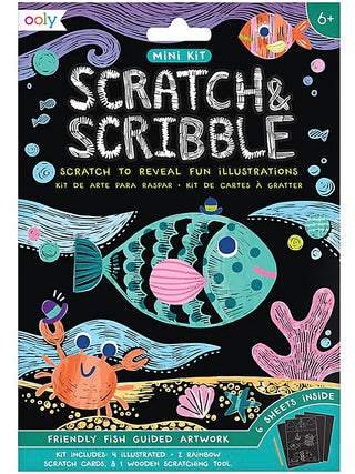 Scratch & Scribble Mini Kit package with friendly fish illustration and coral accents