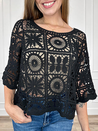 Black crochet short-sleeve top with circular granny-square pattern front