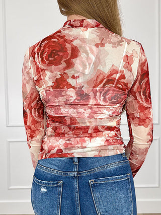 Sheer mesh long-sleeve top, cream with red floral print, ruched back and high neck